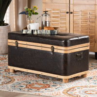 Baxton Studio JY20B054L-Dark Brown-Large Otto Gendry Modern Rustic Transitional Dark Brown Faux Leather Upholstered and Oak Brown Finished Wood Large Storage Ottomane